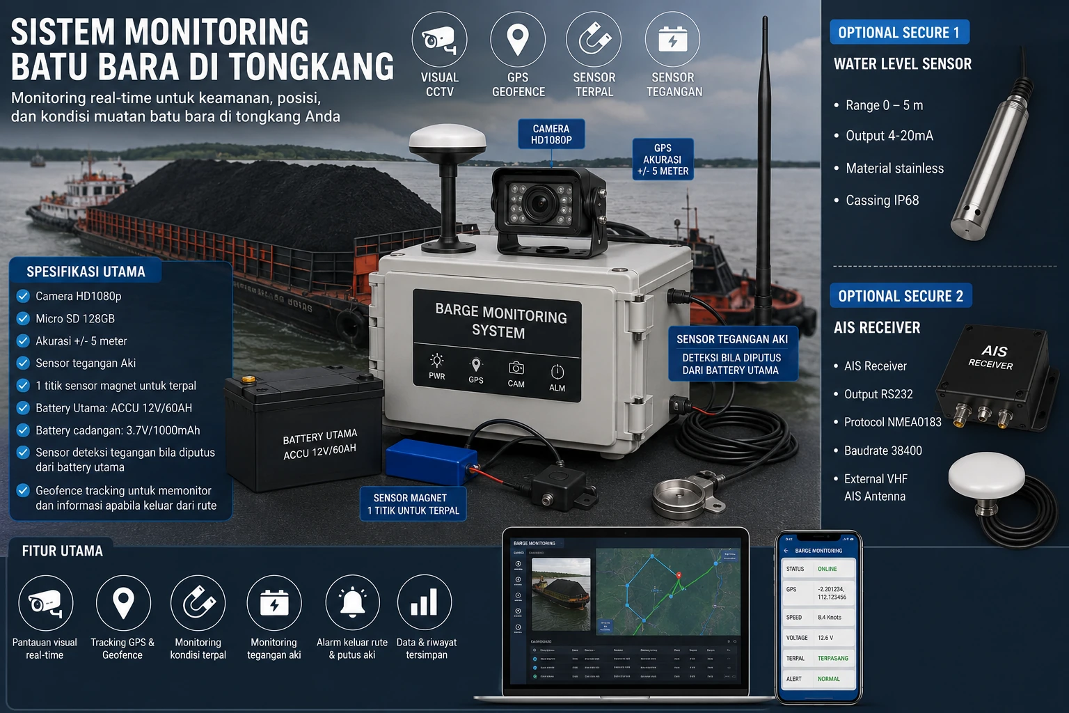 Barge Monitoring System Tongkang Batu Bara CCTV GPS Geofence Battery Monitoring AIS Optional