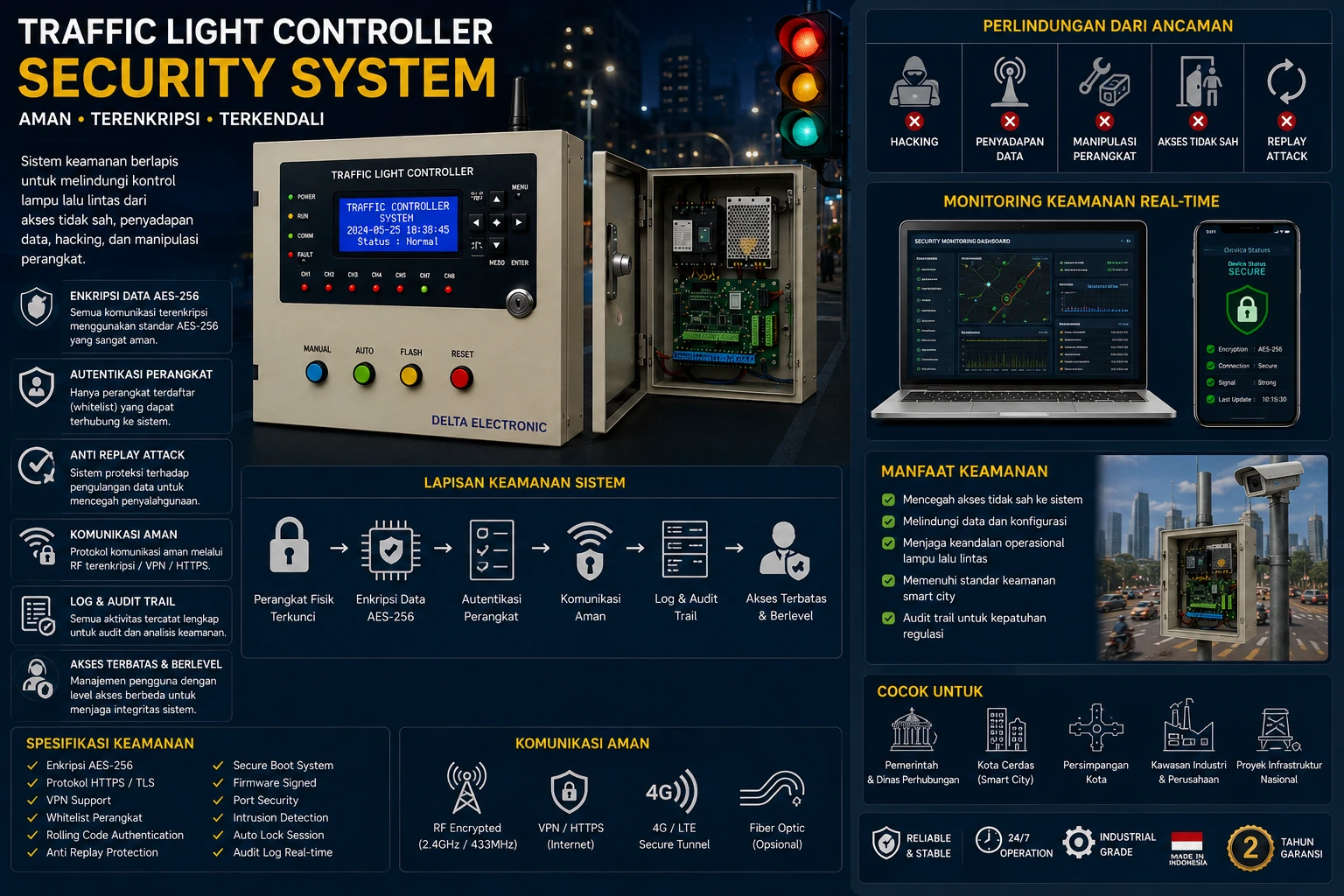 Traffic Light Controller Security System dengan fitur AES-256 encryption, secure communication, audit log, dan monitoring keamanan realtime untuk sistem smart city dan ATCS