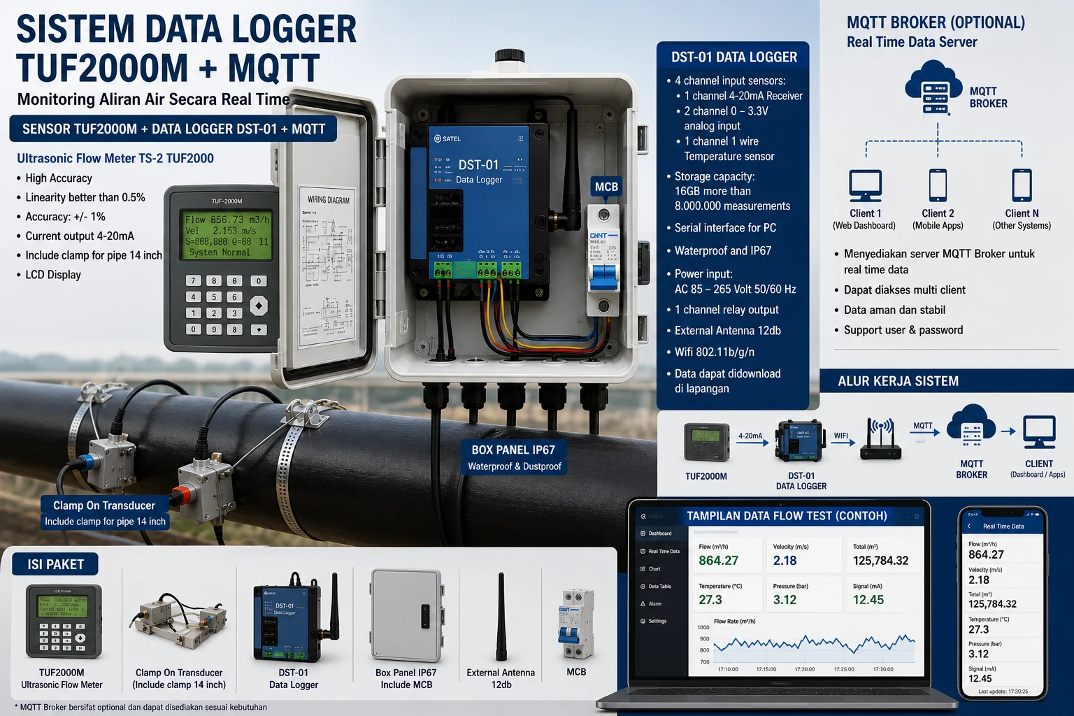 Data Logger TUF2000M MQTT Ultrasonic Flow Meter IoT Monitoring Debit Air Real Time WiFi IP67